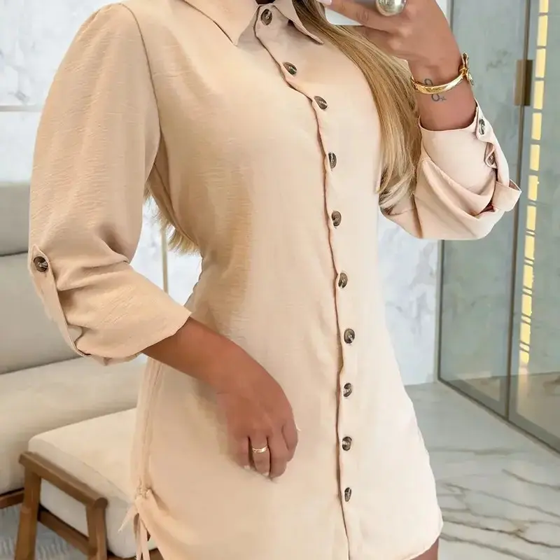 Women Button Down Shirt Dress Roll Tab Sleeve Side Drawstring Mini Dresses