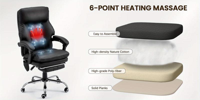 6-Point Vibration Massage Ergonomic Office Chair in Black - Height & Angle Adjustable Gaming Chair with Padded Armrests, 360° Swivel Rolling, Ideal for Office, Bedroom & Study