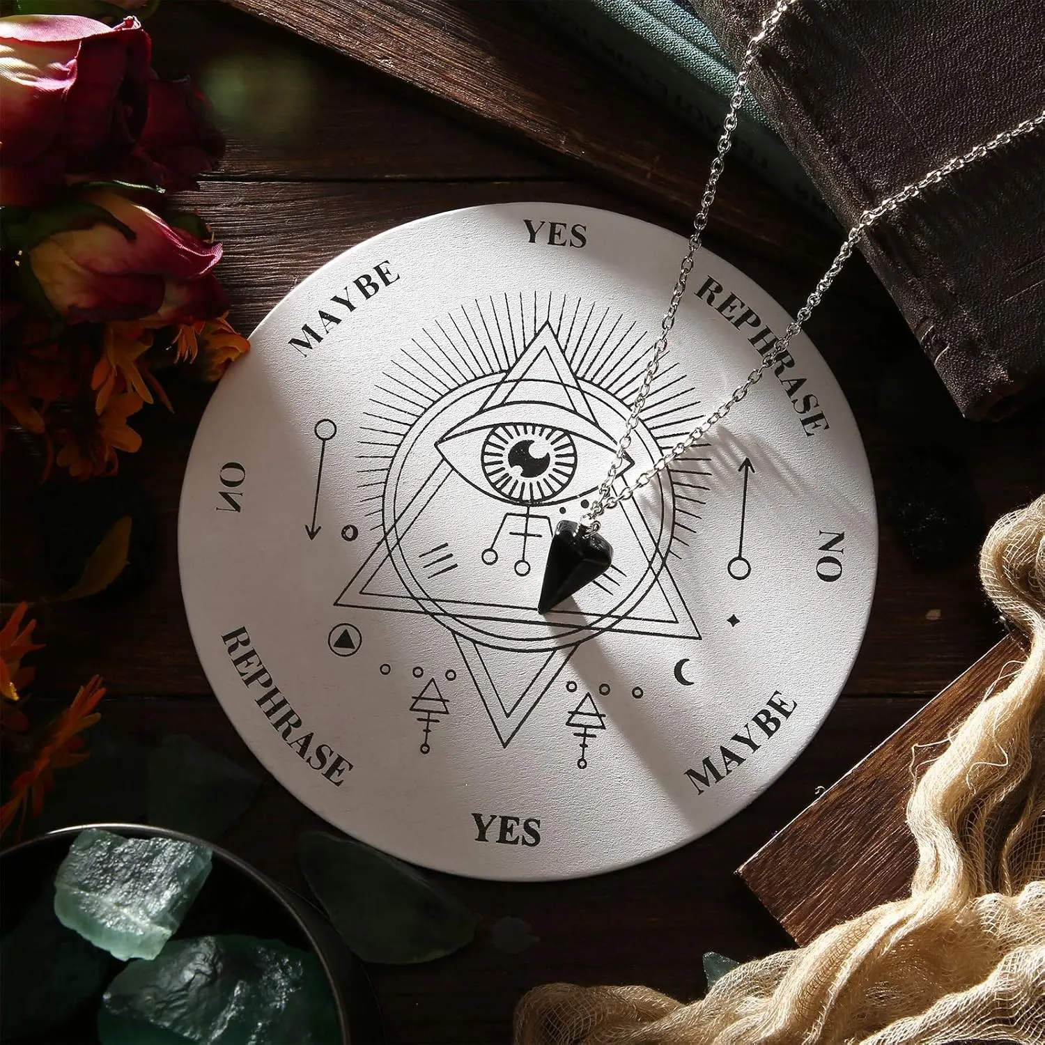 9.84 InchPendulum Board Set Wooden Dowsing Divination Board Metaphysical Message with Crystal Divinity Pendulum Necklace for Witchcraft Wiccan Wand Altar Supplies, (White)