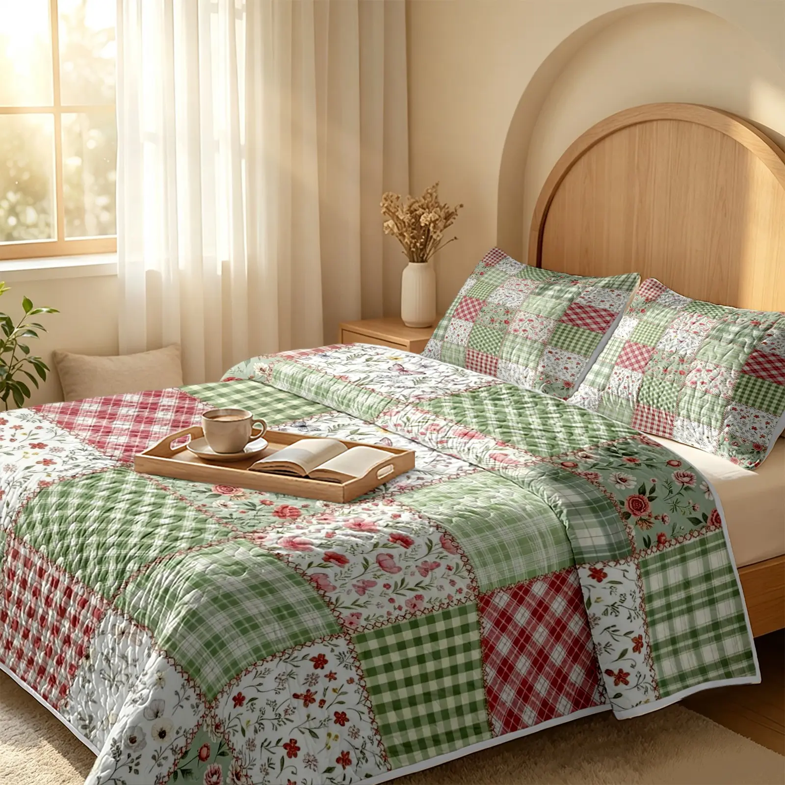 3-Piece Fresh Country-Style Patchwork Quilt Set, Checkered and Floral Patchwork Bedspread, Soft Reversible Pre-Washed Bedspread, Matching Pillowcases, No Duvet Insert, Suitable for All Seasons, Forest-Themed Bedroom and Guest Room Bedding