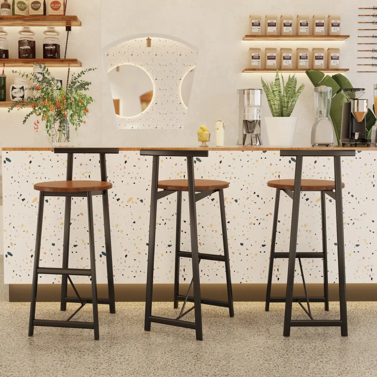 Bar Stool Set of 3 Counter Height Barstools with Back Armless Dining Chairs for Kitchen Island,27 Inch Ergonomic Curved Backrest Bar Stools, Sturdy Black Metal Frame 220LBS Capacity Counter Height Stools