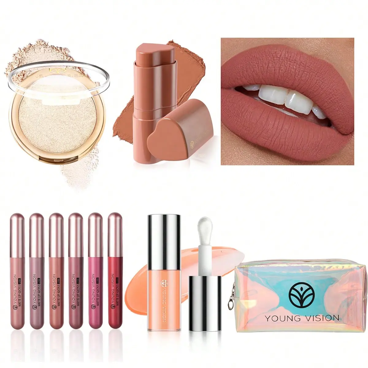 10 Pieces Makeup Set 1 Clear Laser Makeup Set &6 Lip Glaze Set Matte Mist Lip Gloss Set Velvet Lipstick &1 Box Of Baking Powder Polarizing Highlight Powder Brightening Makeup And Contouring Powder 3D Nose Shadow &1 Set Of Heart Blush Cream