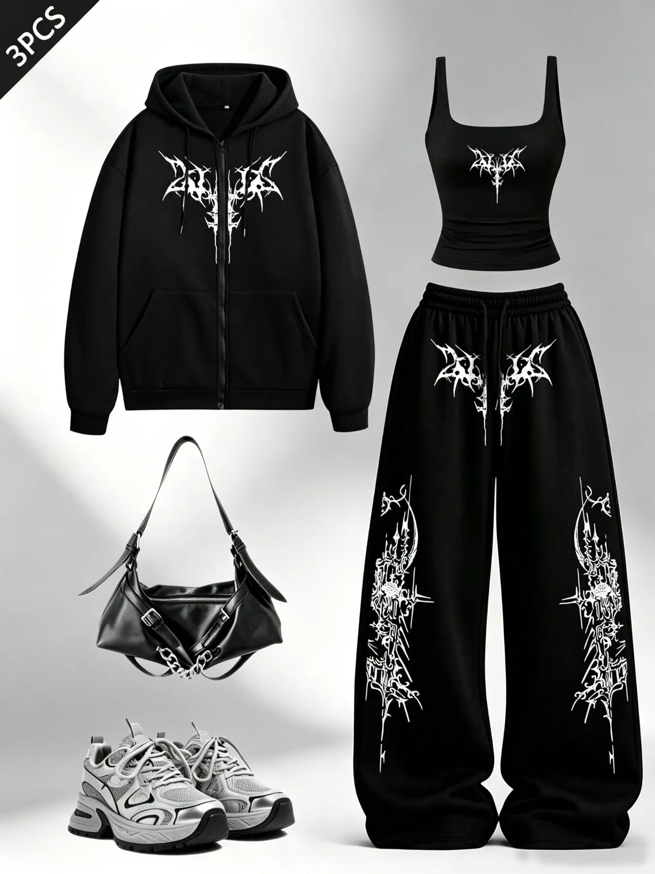 Women's Gothic Style 3-Piece Set (hooded Sweatshirt + Tank Top + Wide Leg Pants), Casual Loose-Fit, All Seasons, Daily Wear, Street Fashion, Streetwear