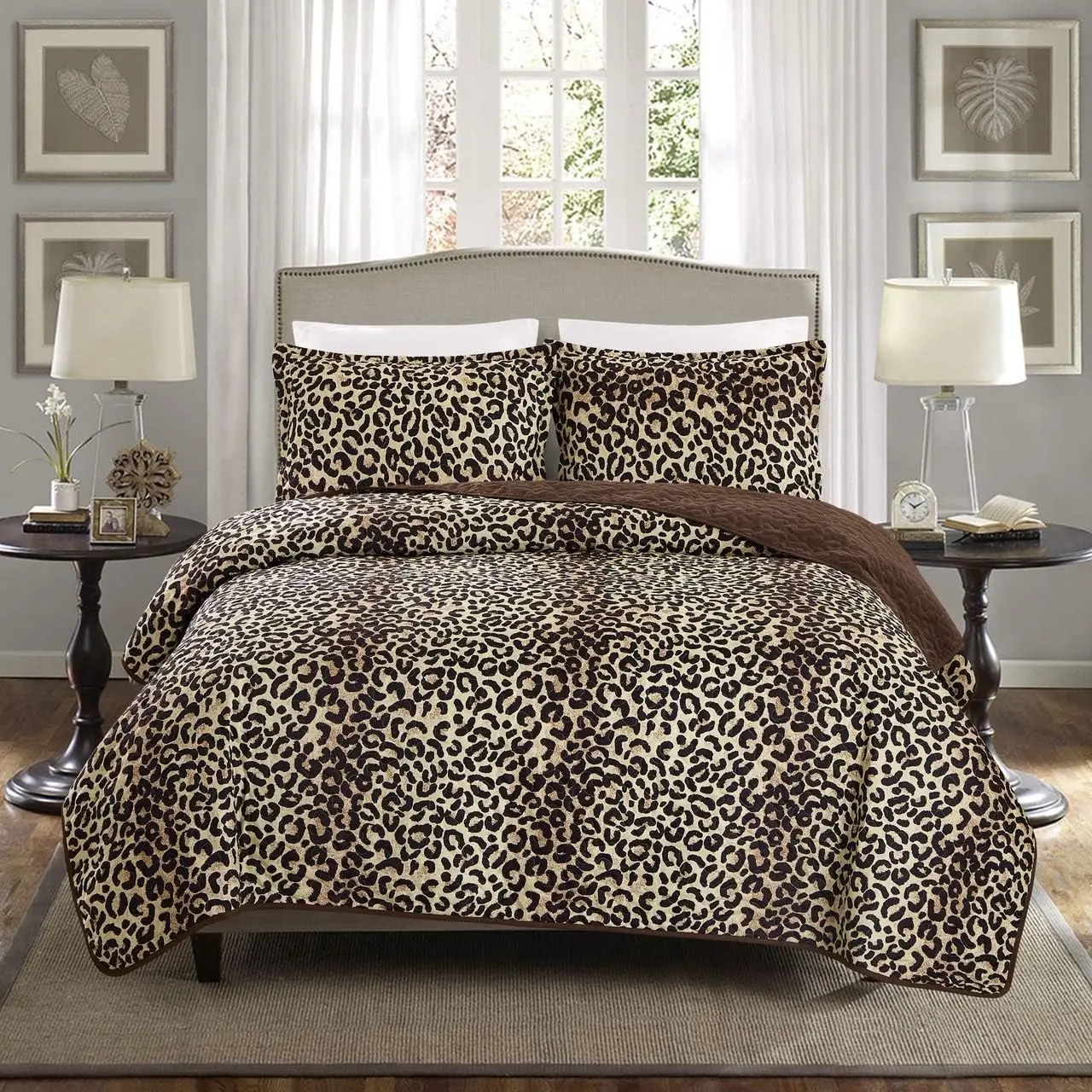 3-   Quilt Set - 100x95 Extra Wide Reversible Bedspread Coverlet with 2 Standard Shams - Brown Black Leopard Print Jungle Theme Safari     Bedding