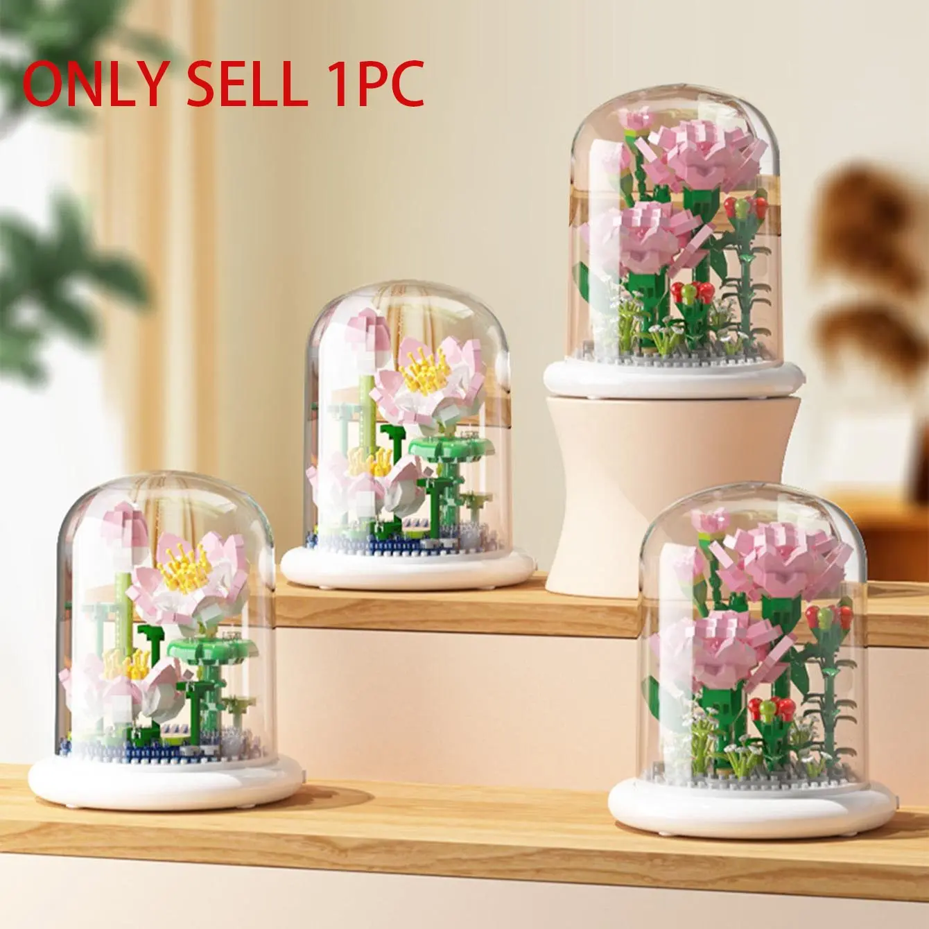 Floral Building Block Set with Dust Cover, Eternal Lotus Micro Blocks Model, Home Decor Desktop Ornament, Gift for Valentine's Day, Flower Bricks