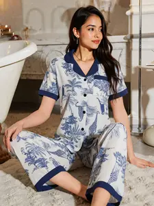 Women's Short Sleeve Long Pants Pajama Set, Button Front Collar Animal Print, Comfortable Home Wear, Fashion Nightwear