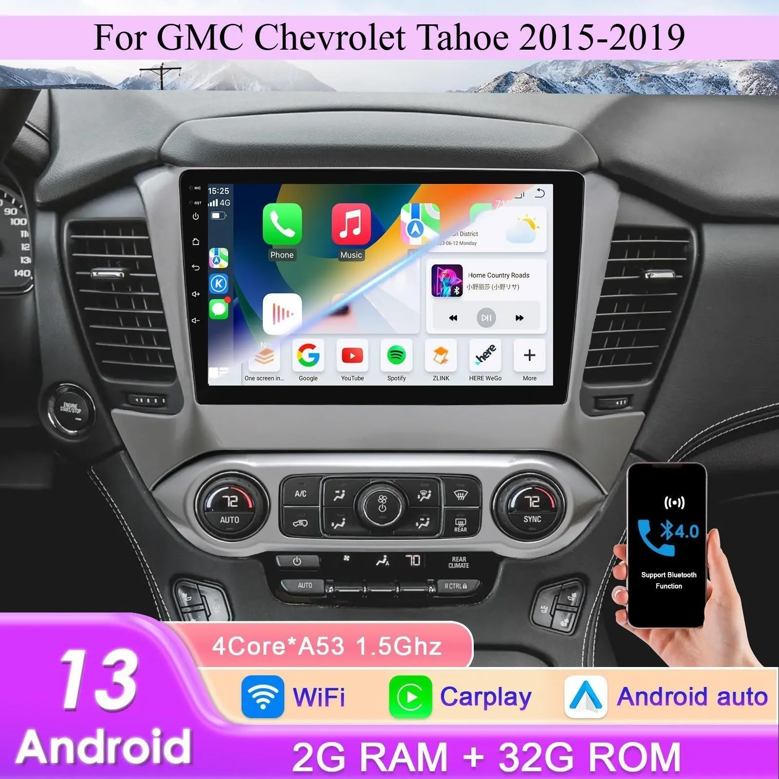 [Hizpo] 10.1-Inch 2 Din Android 14 Carplay Car Screen Touchscreen Autoradio Head Unit with Android Auto, 32G, In-Car Audio for Chevrolet Tahoe 2015-2019