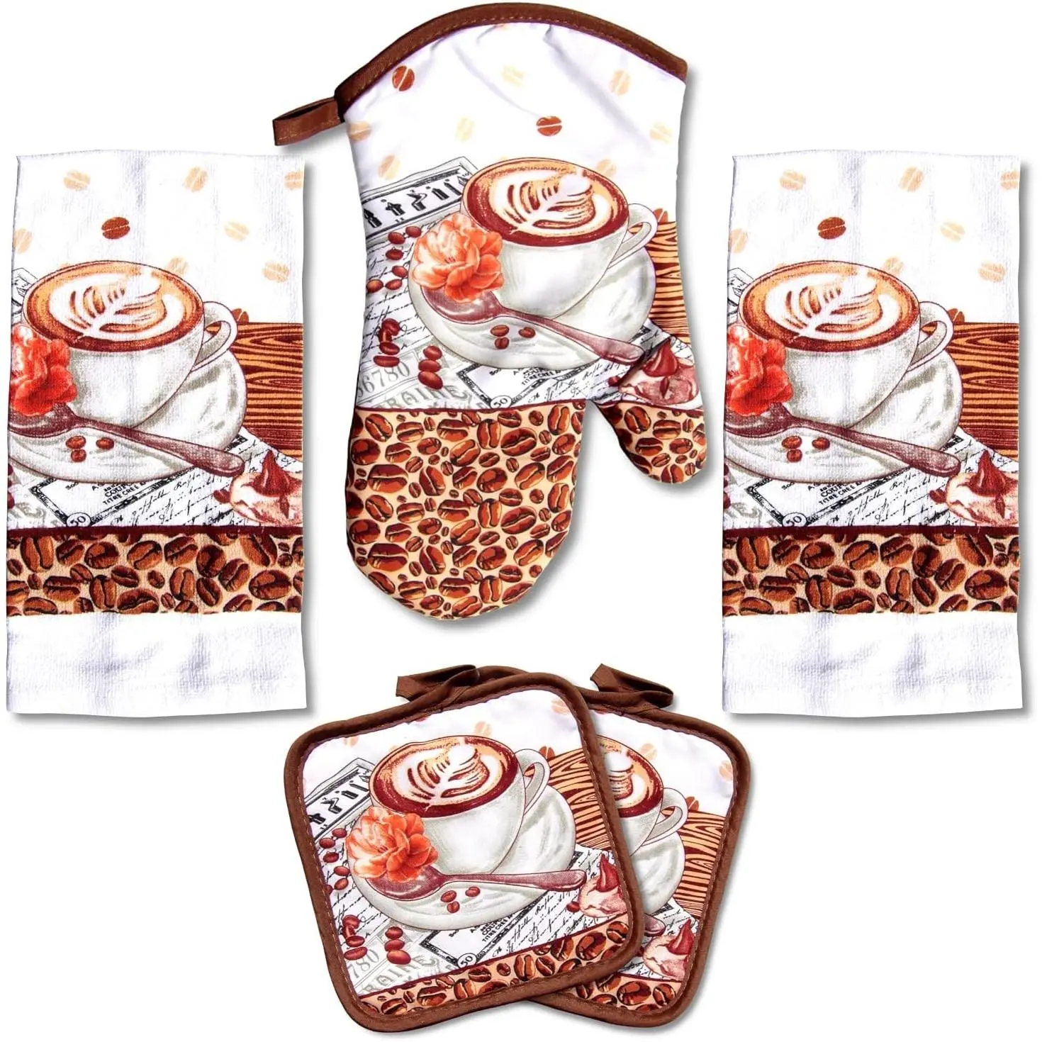 Coffee Theme 5-Piece Multi-Use Kitchen Towel Set - 2 Decorative Prints Dish Towels (25x15in), 1 Oven Mitt (11x7in), 2 Potholders (6.5x6.5in) for Coffee Lovers