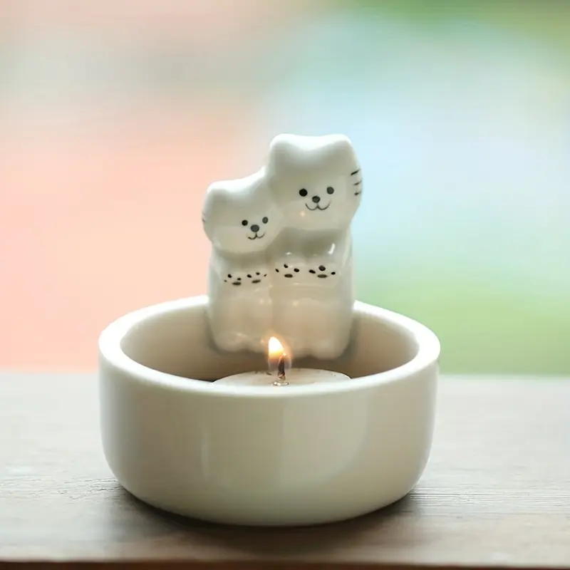 Ceramic Cat Candle Holder - Cute White Cat Design with Expressive Eyes, Heat-Resistant Tabletop Decor for Home, Office, or Gift - Easter, Christmas, Valentine'S Day