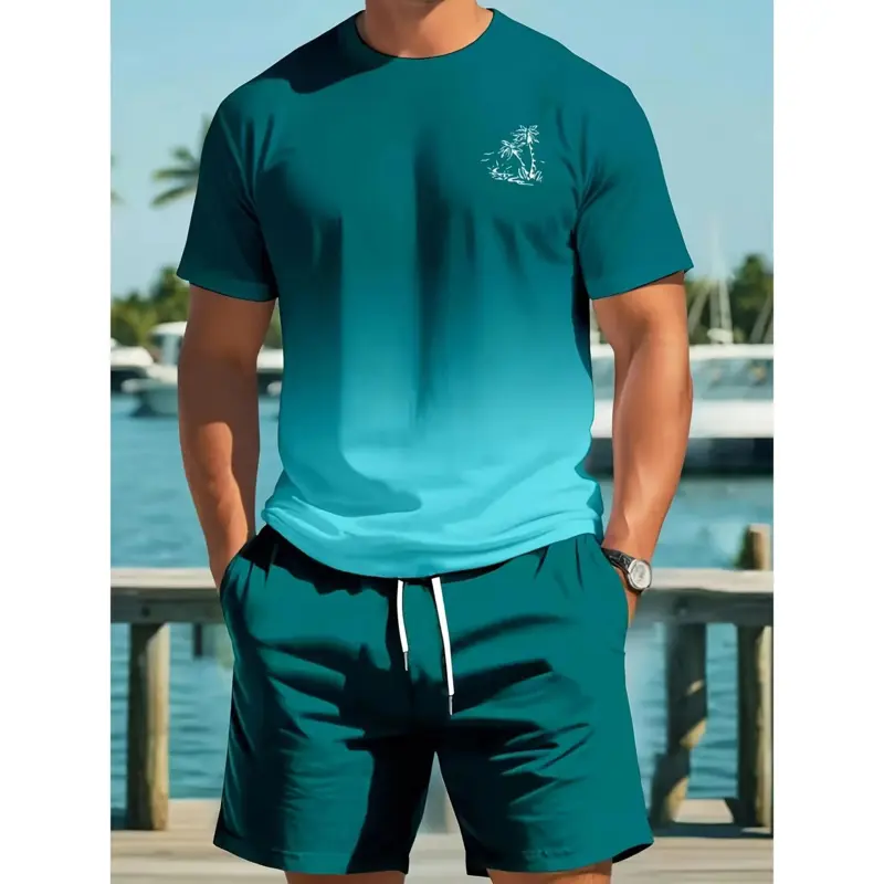 Men's 2-Piece Regular Fit 100% Poly Random Print Summer Beachwear Set - Round Neck Short Sleeve T-Shirt, Board Shorts, Machine Washable for Surfing, Casual Use