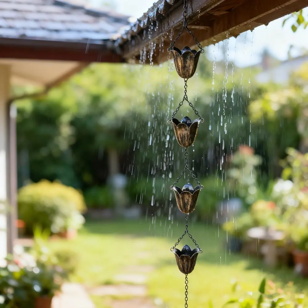 Vintage Tulip Metal Rain Chain, Rustproof Rainwater Diverter, Eave Water Catcher, Decorative Outdoor Ornament for Garden, Yard and Patio, Calming Rain Sound Home Decoration, Garden Accessories