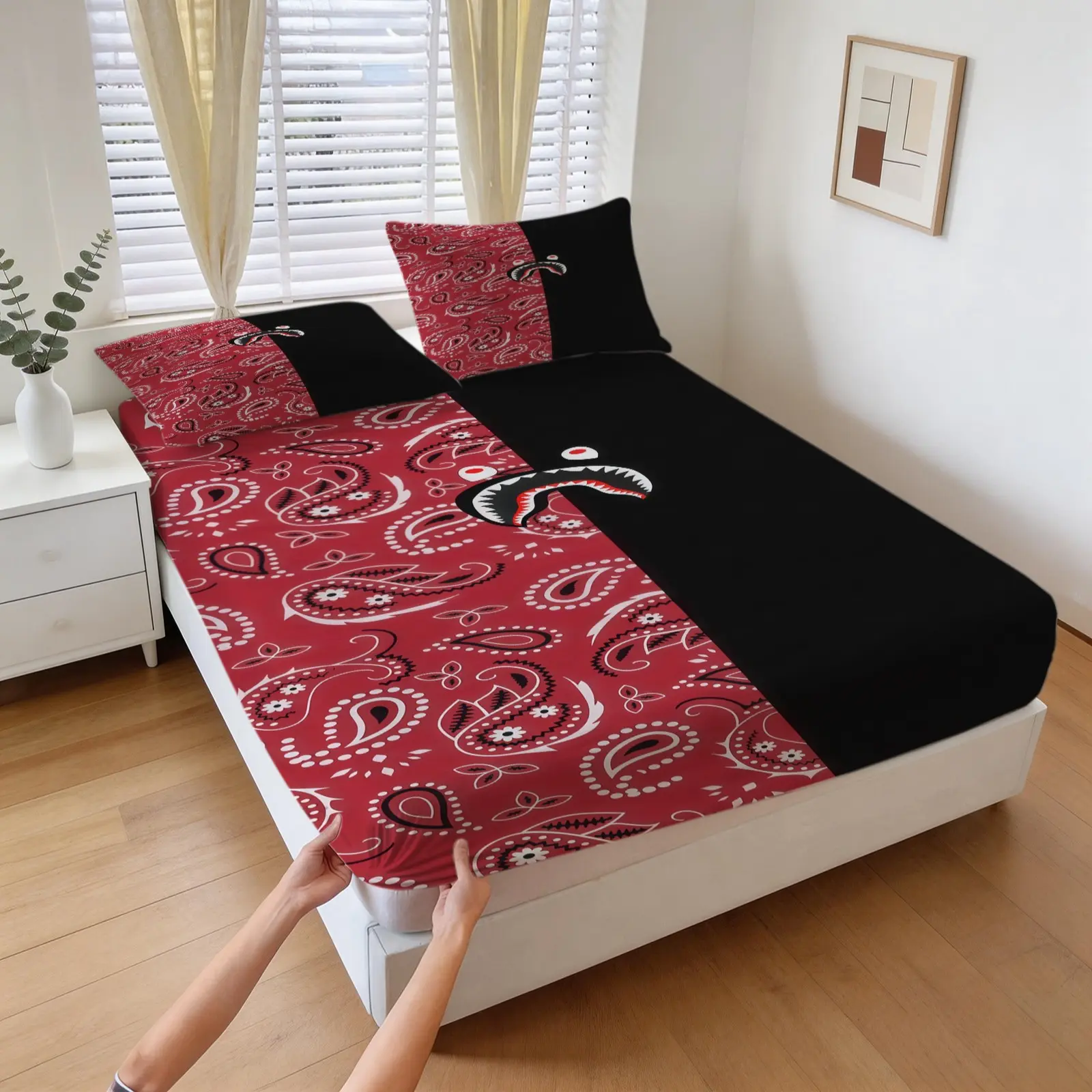 3-Piece Camouflage Shark Head Pattern Fitted Sheet Set, Including 1 Flat Sheet And 2 Pillowcases, Soft And Comfortable Bedding, Non-Slip Dust Cover, Suitable For Bedroom And Guest Room, Polyester Bedding Set