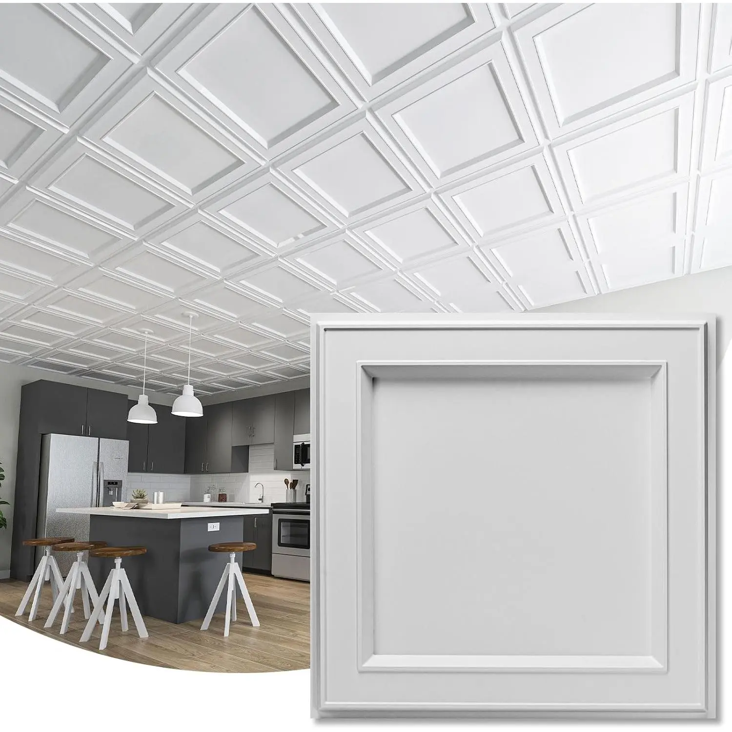 12-Pack 24"x24" PVC Synthetic Glue-Up Drop Ceiling Tiles, Easy-to-Install Modern Wall Panels for DIY Users, White Home Improvement Building Supplies (Basement, Kitchen Use), Glue-Up Easy