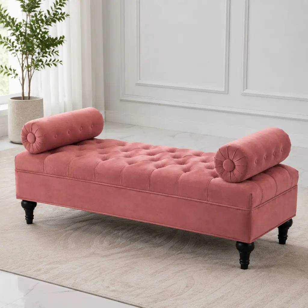 ARCH Modern Bedroom Bench with 2 Detachable Pillows, Velvet Upholstered Footstool Ottoman for End of Bed, Living Room, Entryway, Pink, Tufted, 60 x 20.8 x 22.8 Inches, Bedroom Decor, Furniture For Bedroom