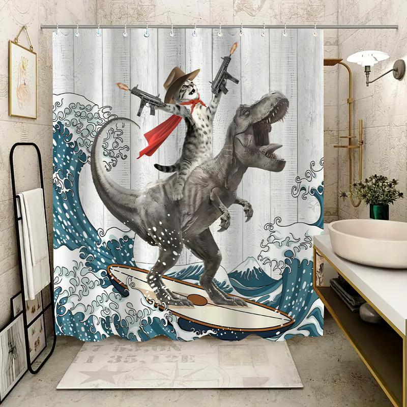 Dinosaur and Cat Pattern Removable Shower Curtain, Waterproof Bathroom Curtain with 12 Hooks, Decor for Home, Hotel, Apartment, Dorm and Spa, Decoration