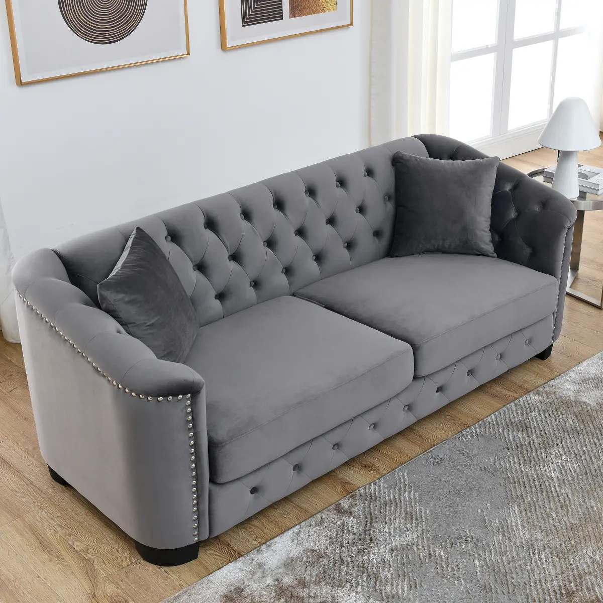 [Bellemave] 77-Inch Modern Chesterfield Velvet Sofa, 3-Seater Sofa, Upholstered Tufted Backrests with Nailhead Arms and 2 Cushions for Living Room, Bedroom, Apartment, Office