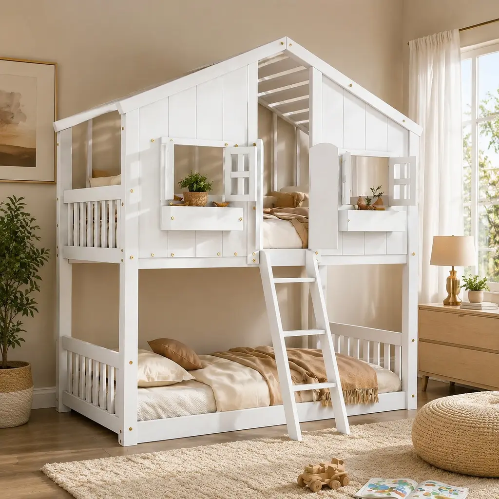 ARCH Twin-over-Twin House Loft Bed Frame with Roof, Window, Window Box, Door, Safety Guardrails and Ladder, White Bedroom Furniture