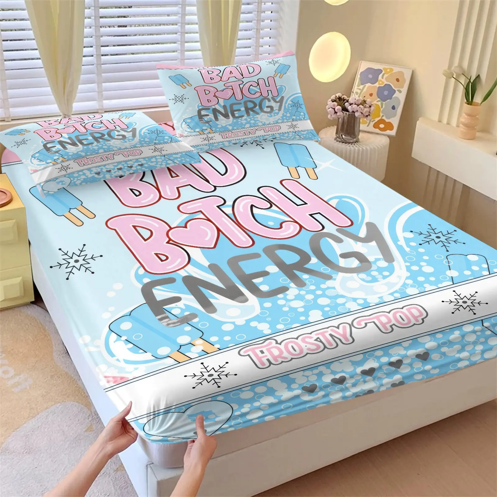 Bad Btch Energy Cute Ice Cream Fitted Sheet Set, Bed Sheets Set & 2 Pillowcases, Y2K Sweet Cool Aesthetic Bedding For Girls, Wrinkle Resistant, Breathable Deep Pocket Anti-Slip Mattress Protector, Trendy Gift For Birthdays, Hot Girl Themed Bedroom Decor
