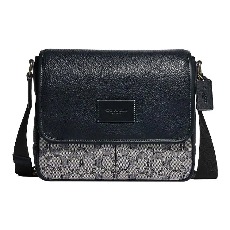 COACH Map 25 Classic Monogram Patchwork Magnetic Flap Crossbody Bag for Men – Midnight Blue and Gray
