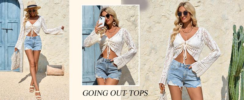 Saodimallsu Womens Crochet Crop Tops Tie Front Bell Long Sleeve Cardigan V Neck Lightweight Knit Shrug Sweaters