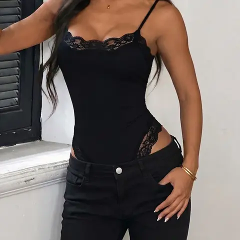 Black Lace Spaghetti Strap Bodysuit, Women's Slim Fit, Scallop Trim, High Cut, Sexy Y2K Chic Streetwear for Going Out Club Party, Sleeveless Bodycon