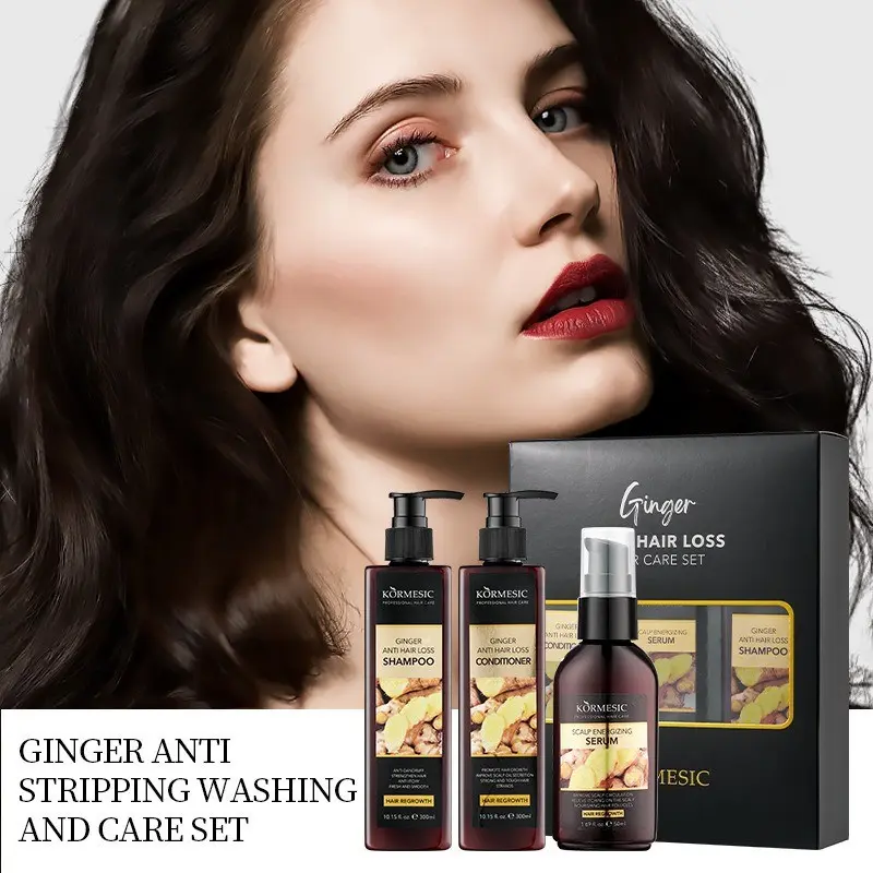 KORMESIC Ginger Anti-Hair Loss 3-Piece Hair Care Set, Shampoo + Conditioner + Scalp Serum, Ginger Extract Strengthens Roots, Oil Control & Dandruff Removal, Nourishes Scalp, Moisturizing, Improves Dry & Frizzy Hair, Adds Volume & Shine, Gift Box