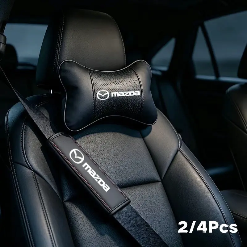 2/4pcs PU Leather Automotive Car Headrest Cushion, Neck Pillow Seat Cover, Seat Belt Shoulder Pads, Mazda Models, Car Interior Accessories