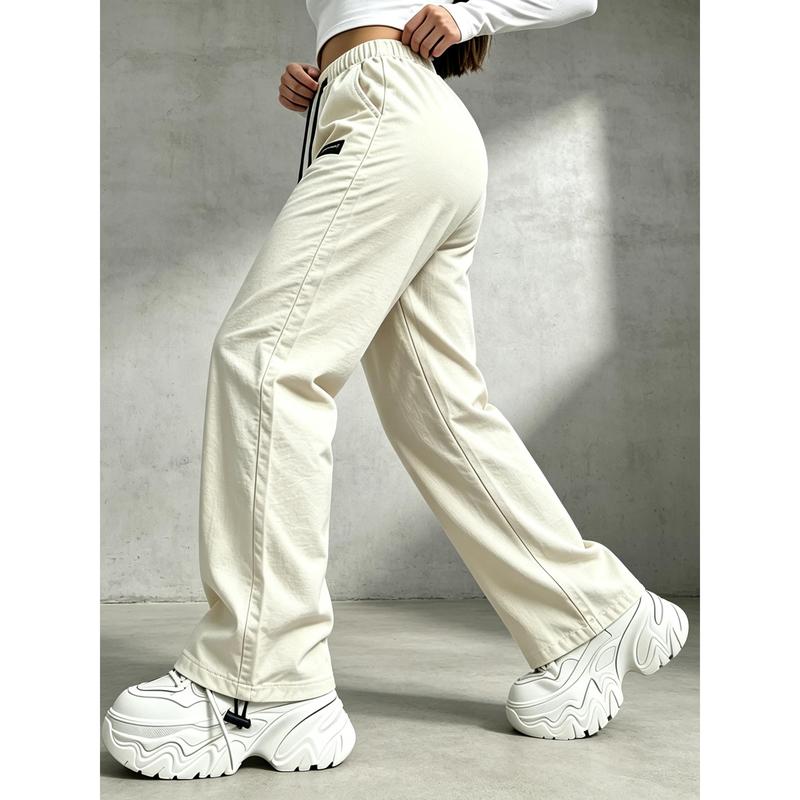 Women's City Work Pants - Mixed Beige Wide Leg Pants, Elastic Waist Double Black Drawstring, Black Small Label At The Front, Lightweight Anti Wrinkle Fabric Loose Pants, Suitable for Commuting and Street Strolling