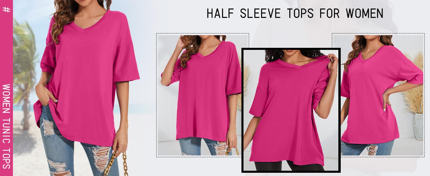 Women's T Shirts Oversized V Neck Striped Tees Half Sleeve Casual Comfy Cozy Cotton Tunic Tops Summer clothes