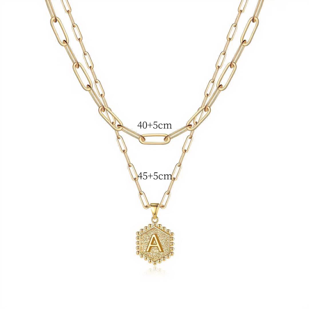 FAITHOPIA 18K Gold Plated Initial Necklace  Women| Stainless Steel Layered Paperclip Chain| Hexagon Letter Pendant A-Z| Dainty Monogram Jewelry  Everyday Wear for