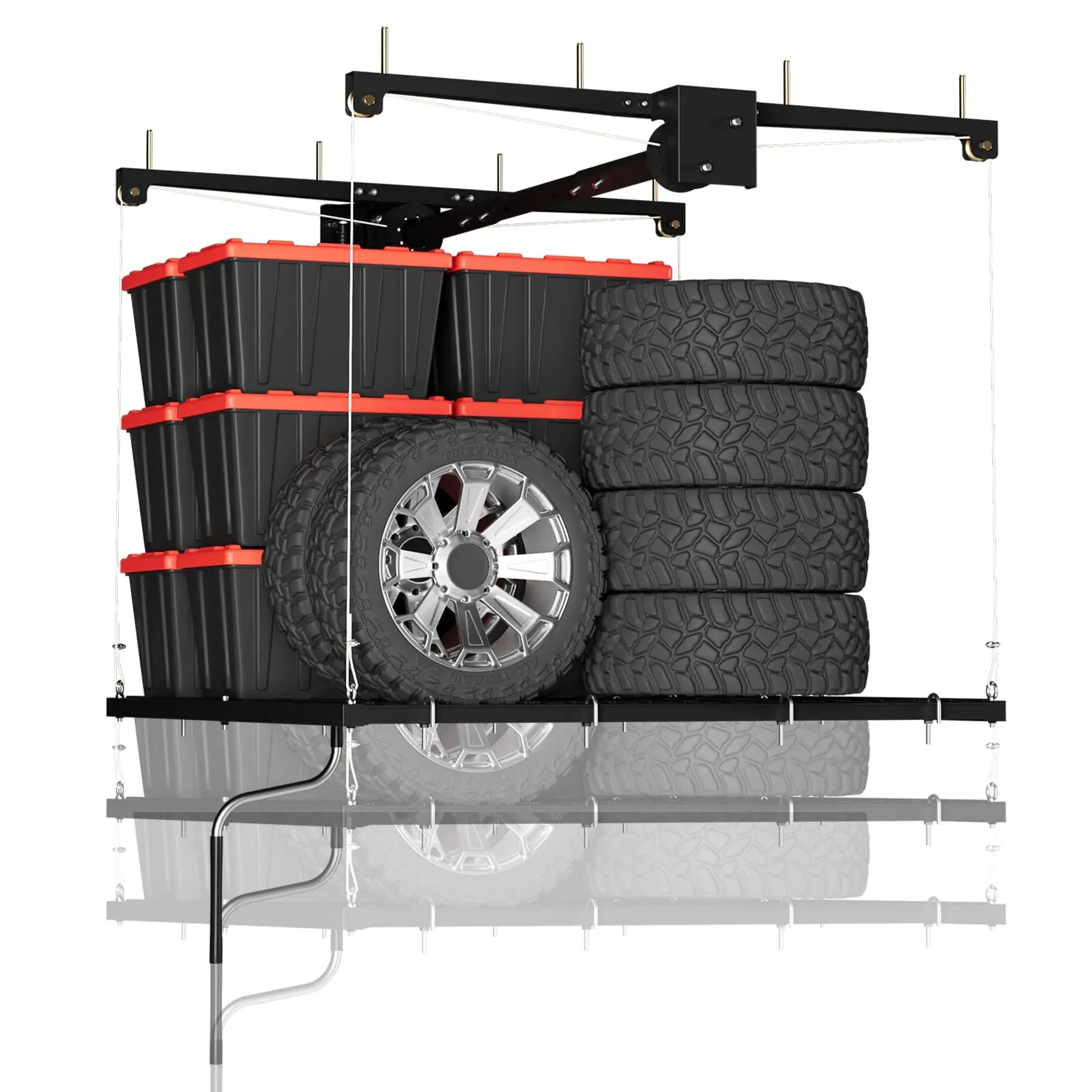 Overhead Ceiling Storage Rack 4x4 ft – Heavy-Duty Carbon Steel Garage Lifting Rack with Manual Hand Crank, Adjustable Height, 350 Lbs Capacity for Garages & Basements