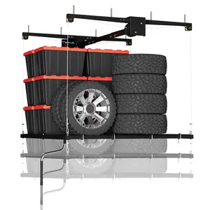 Overhead Ceiling Storage Rack 4x4 ft – Heavy-Duty Carbon Steel Garage Lifting Rack with Manual Hand Crank, Adjustable Height, 350 Lbs Capacity for Garages & Basements