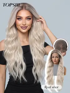 Topshe Long Wavy Lace Front Wig, Natural Wavy Wig, Lace Synthetic Wig, Ice Gradient Water Wave, No Bangs, All-Season Full Headpiece, Easy Maintenance for Daily & Parties