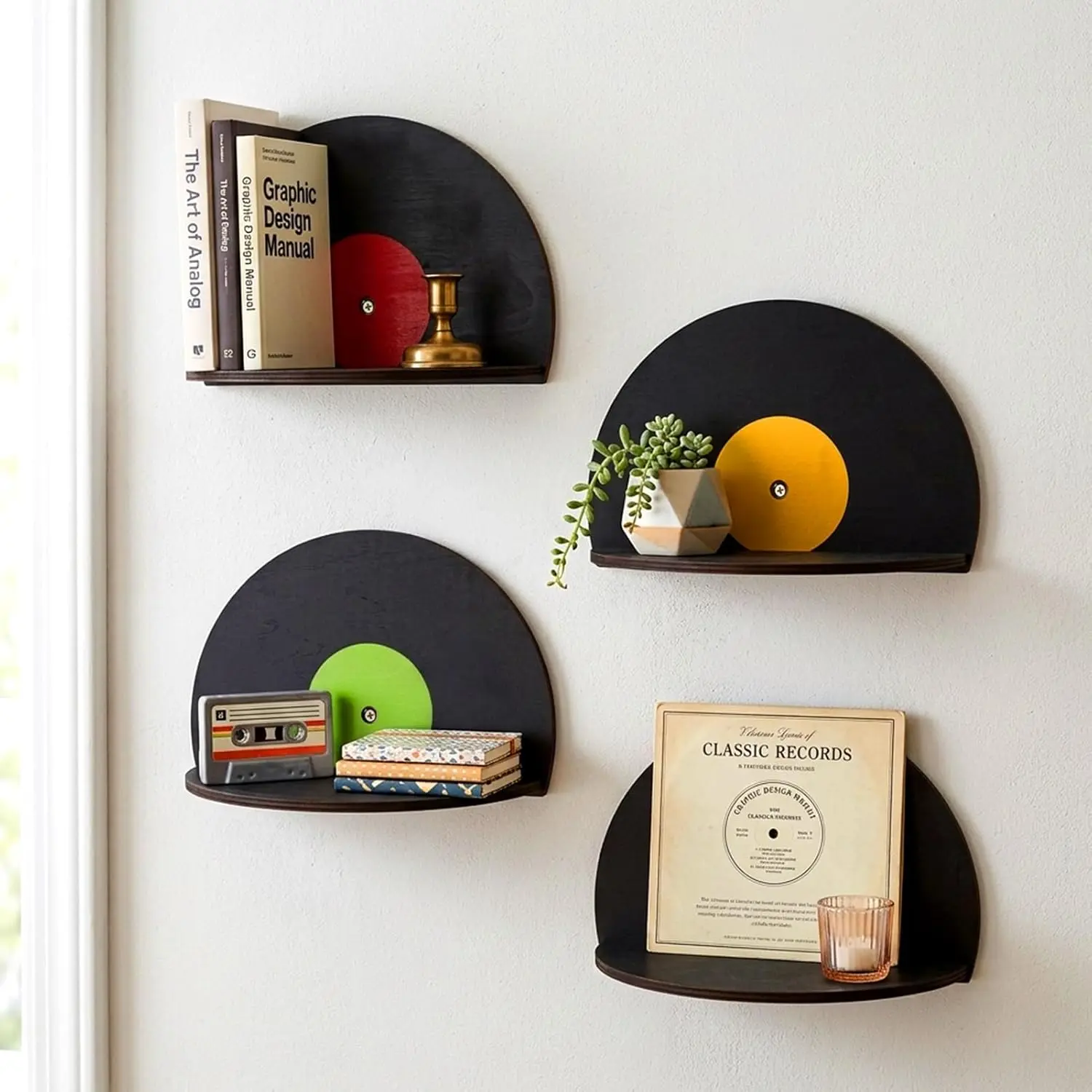 GRETJOB 4 Pack Record Shaped Shelves, Vinyl Record Decorative Shelf, Record Wall Decor Decor for Bedroom, Party - Vinyl Record Wall Decor