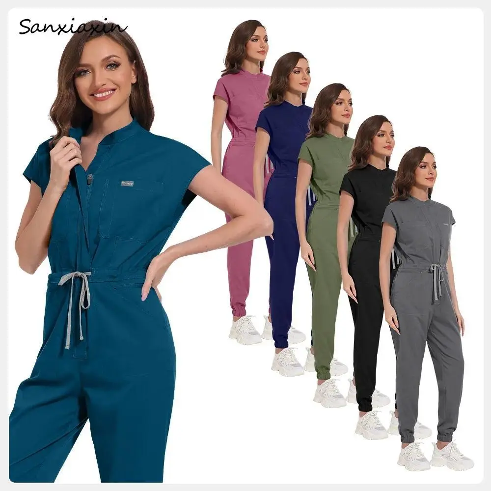 Women's Medical Scrubs Jumpsuit - Medical Use Clinical Jogger Uniforms for Dental, Pet Grooming, All Seasons, Black, Gray Options, Workwear Clothing Set