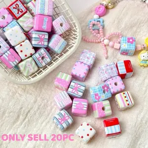20pcs Square Spacer Beads, Striped Grid Bow, Heart, Letter, Star Patterns, Macaron Color, Cute Fresh Multicolor, Jewelry Accessories, DIY Beading Accessories