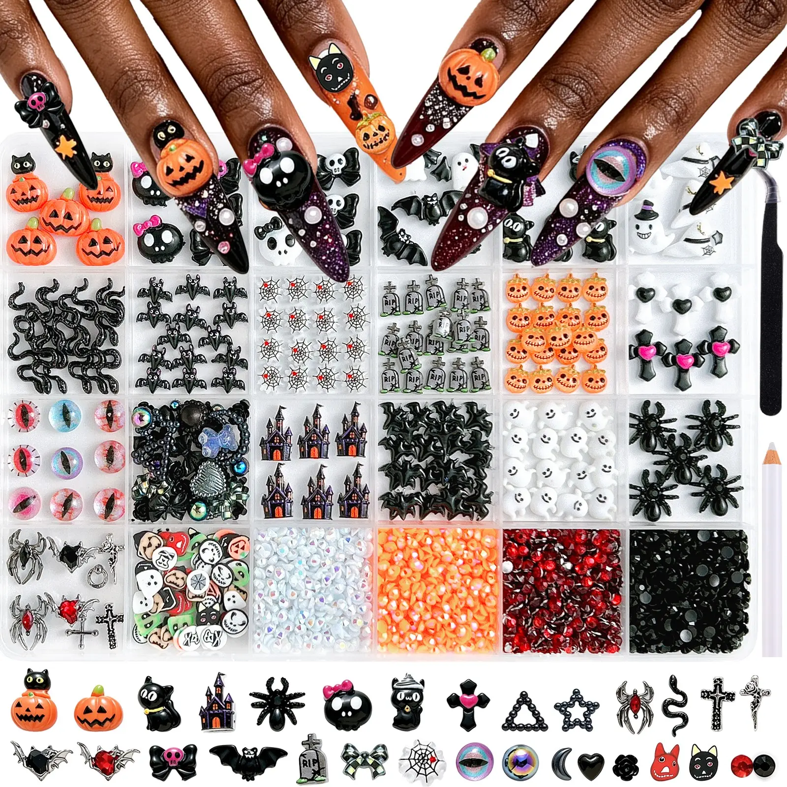 1Box 3D Creative New Halloween Series Mixed Resin Nail Charms Simulated Kawaii Pumpkin Spider Tombstone Castle Dark Style Nail Art Decorations DIY Phone Case Hairpin Holiday Gift Nails Accessories