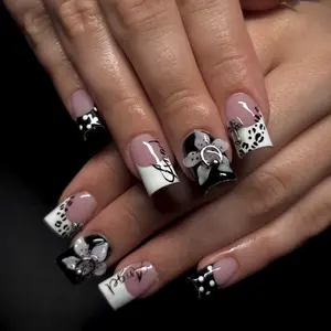 Dark Edgy Y2K Style Square Press On Nails 3D Gel nails Floral Accents, Retro-Cool Black White Classic French Tips, Unique "Nose Ring" Design, Leopard Print & Polka Dots  Reusable Acrylic fake Nails (Ideal for Music Festivals Parties)