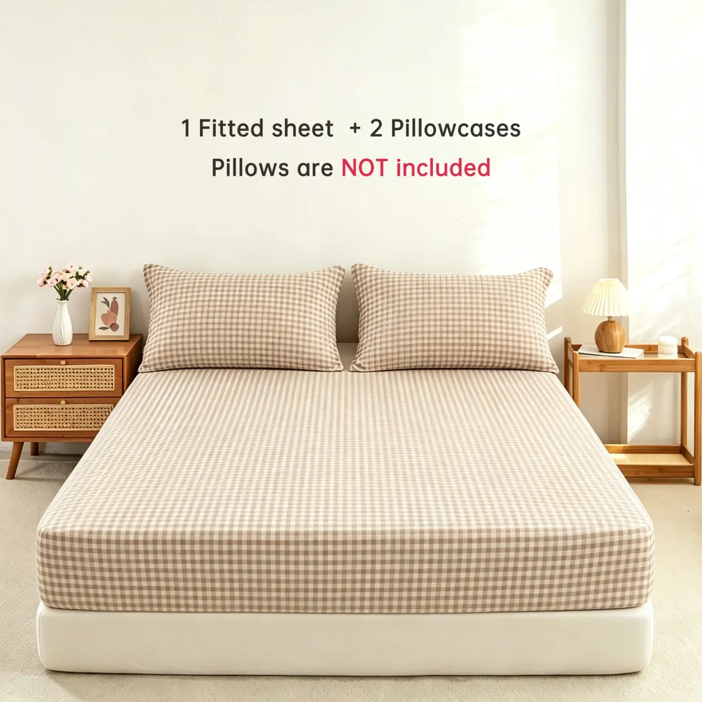 Classic Plaid Bed Sheet Set, Deep Pocket Grid Bed Sheet with 2 Pillowcases, Soft Farmhouse Style Bedding Set, 5 Colors Available