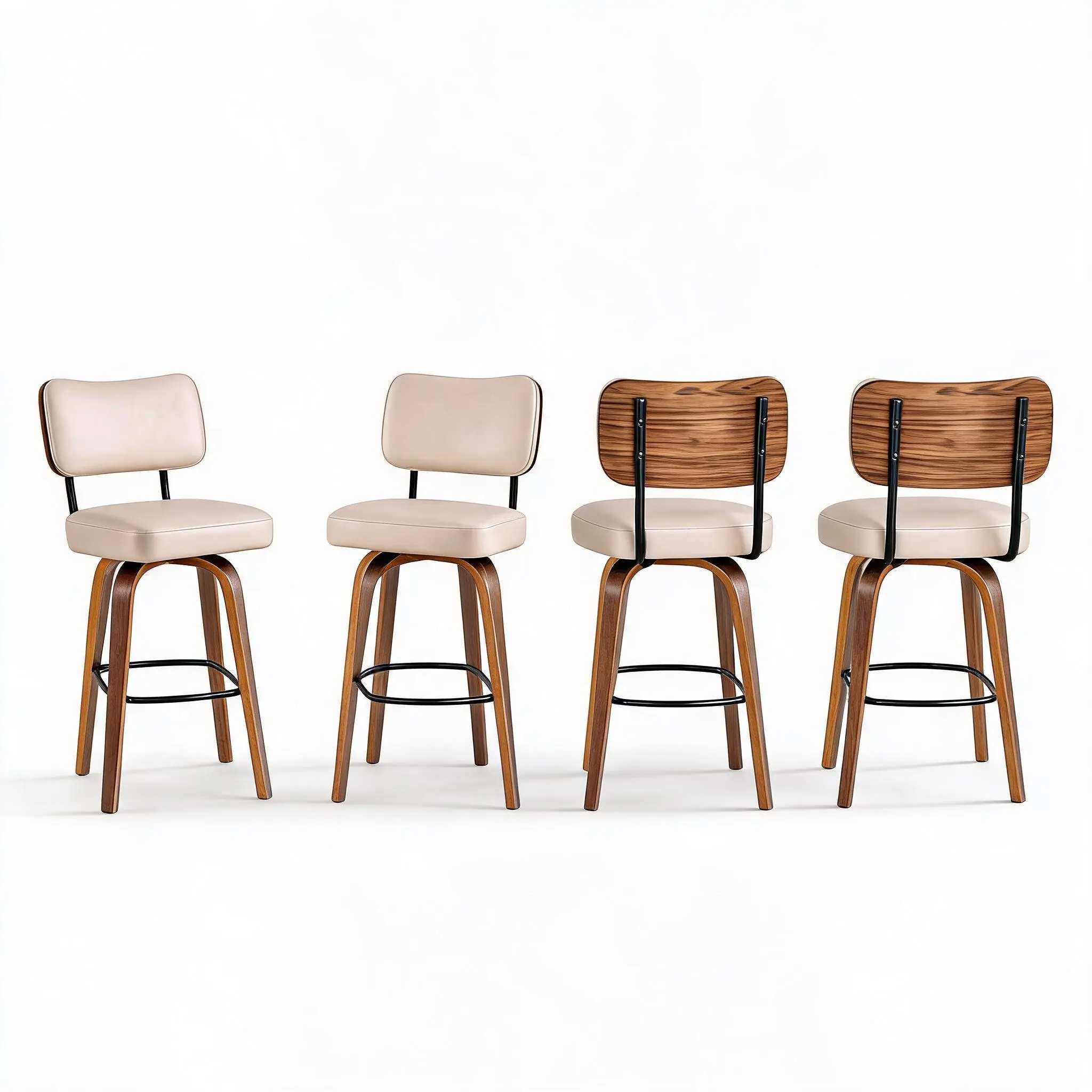 Set of 4 Brown Swivel Bar Stools with Backrest, Faux Leather Upholstered Counter Height Bar Chairs with Wood Seat Frame and Iron Base, Rustic Kitchen Island Seating for Home Bar, Dining Room and Café