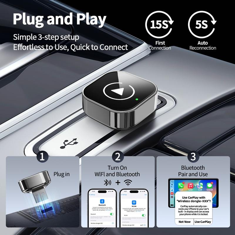 New Wireless Carplay Adapter, Upgrade Wired Carplay/Android Auto to Wireless, Universal Mini USB and Type-C, Plug and Play, Fast Stable Connectioncar accessory, Carplay Dongle Connectivity