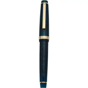82 Fountain Pen - Acrylic Material Pen Barrel, Iridium Medium Nib with Ink Converter Smooth Writing Pen Classic Design Transparent Deep Sea Blue (Gold Trim, M)