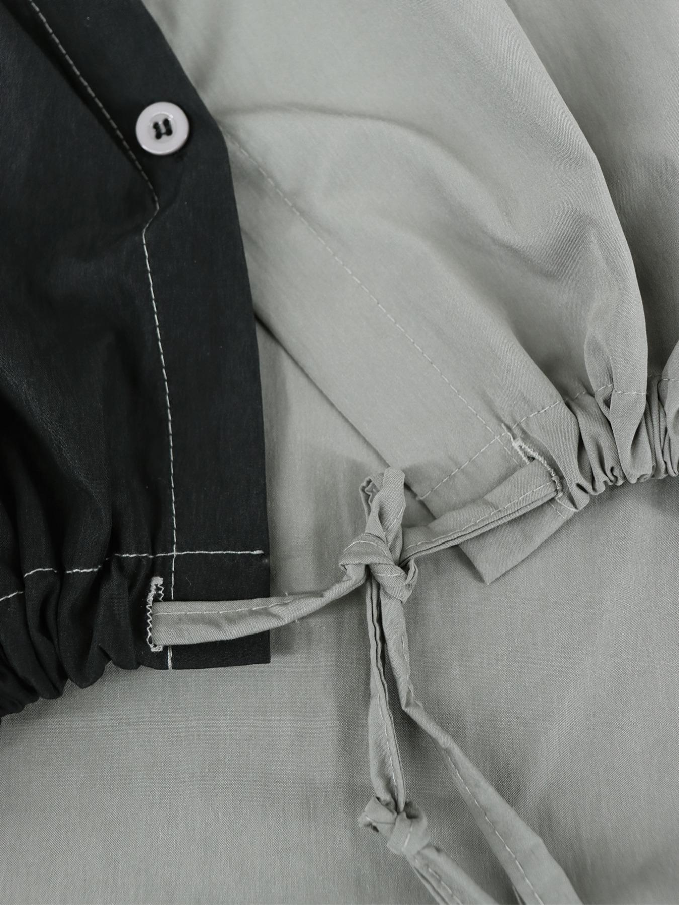 Women's Colorblock Drawstring Hem Dress, Casual Button Front Long Sleeve Woven Dress for Spring & Fall, Women's Clothing for Daily Wear