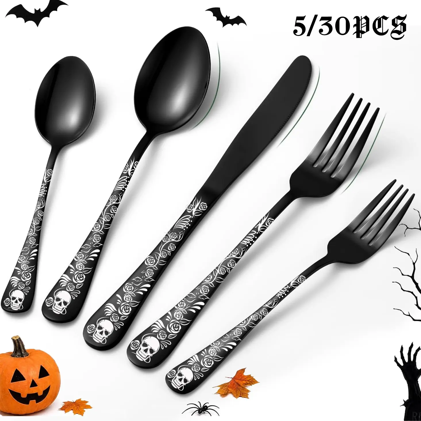 Gothic Style Cutlery Set, 5/30 Pieces, Skull & Rose Design, Stainless Steel, for 1-5 People, Perfect Gift for Dark Rock Lovers, Halloween, Day of the Dead, Tableware