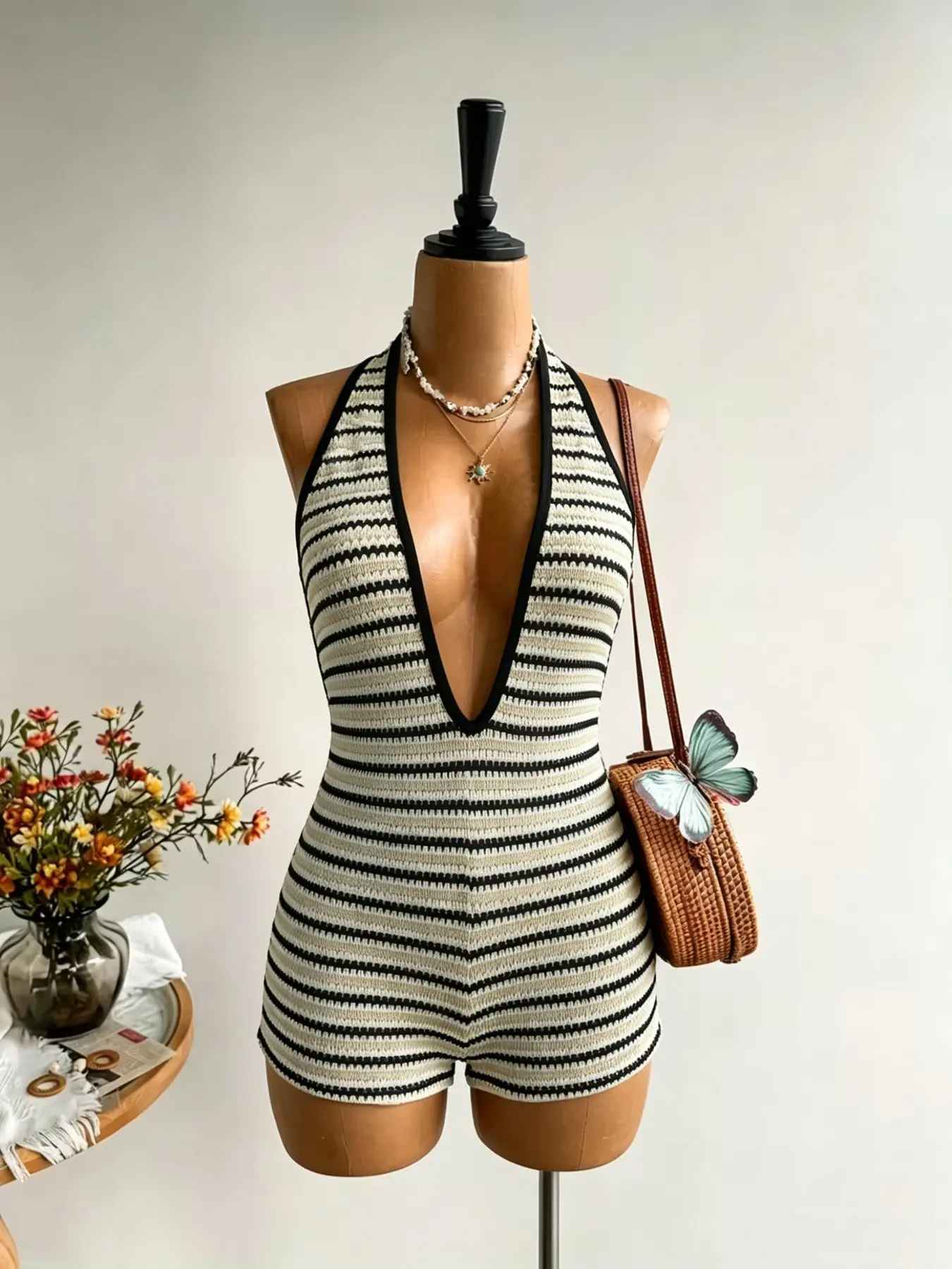 Women's Vacation Knit Texture Wave Fabric Striped Sleeveless Deep V Neck Backless Romper, Fashion Fitted Romper, knitted cami jumpsuit for Parties, Dates, Beach, Summer, Spring