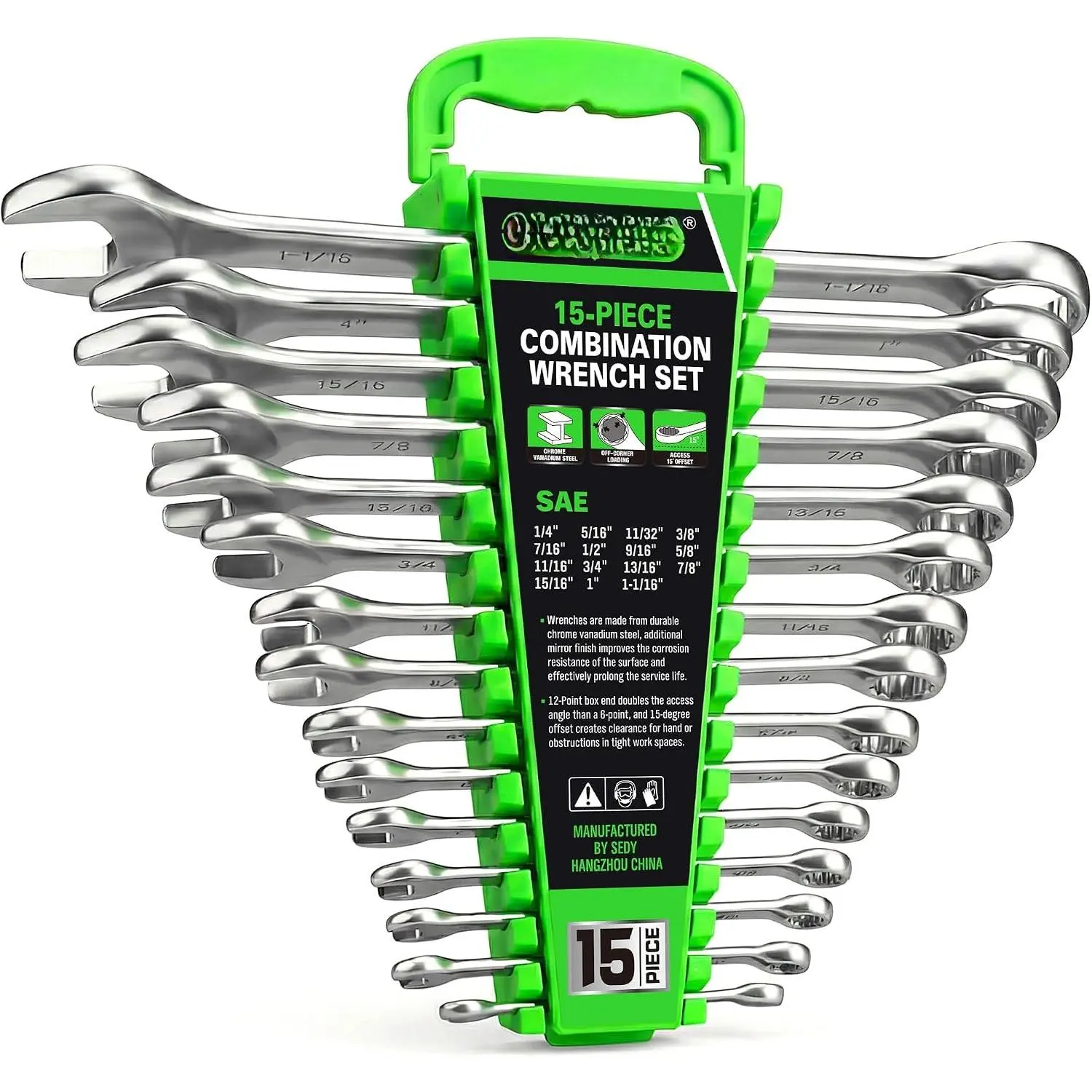 15- SAE Wrench Set, V Notch  Combination Wrenchs Set, SAE 1/4" to 1-1/16", Max Torque, 12-Point, Chrome Vanadium Steel, with Storage Rack