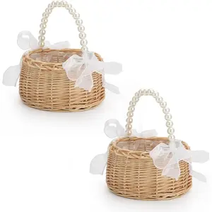 Set of 2 Handwoven Wicker Rattan Flower Girl Baskets, Rustic Wedding Basket with Pearl Handle, Small Easter Baskets for Boys Girls