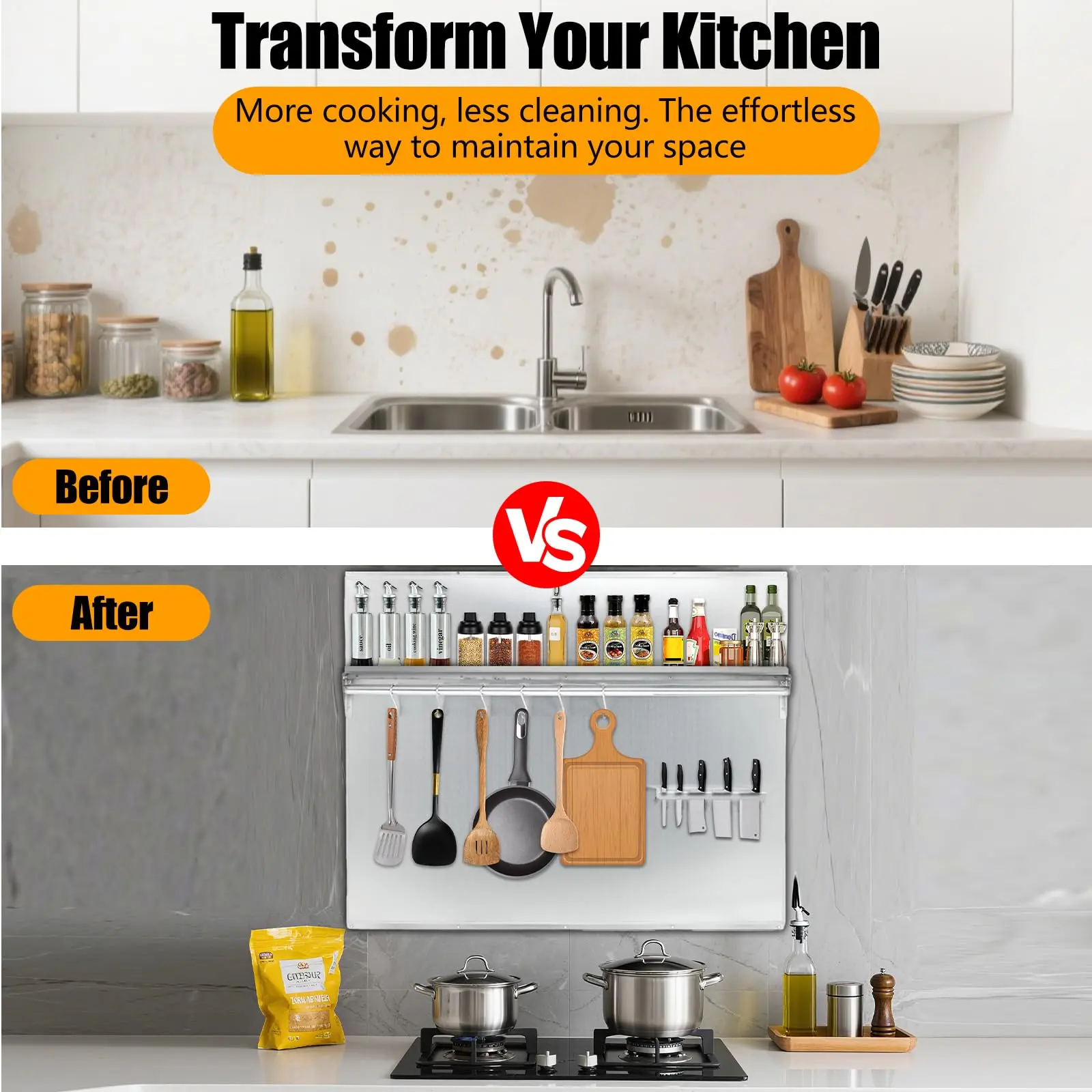 GAOMON Stainless Steel Range Backsplash Panels Available in Multiple Sizes with Wall Mount Installation, Storage Shelf, Knife Rack, and Pre-Drilled Holes for Efficient Commercial Kitchen Use