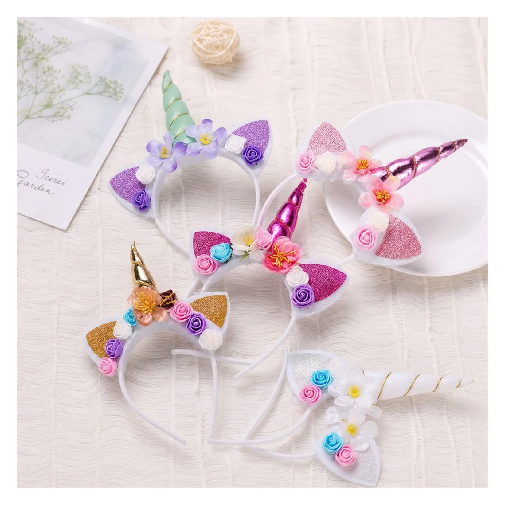5PCS Glitter Unicorn Horn Headband with Flower Ears, Unicorn Party Supplies for Girls Birthday, Cosplay Costume AccessoriesGift