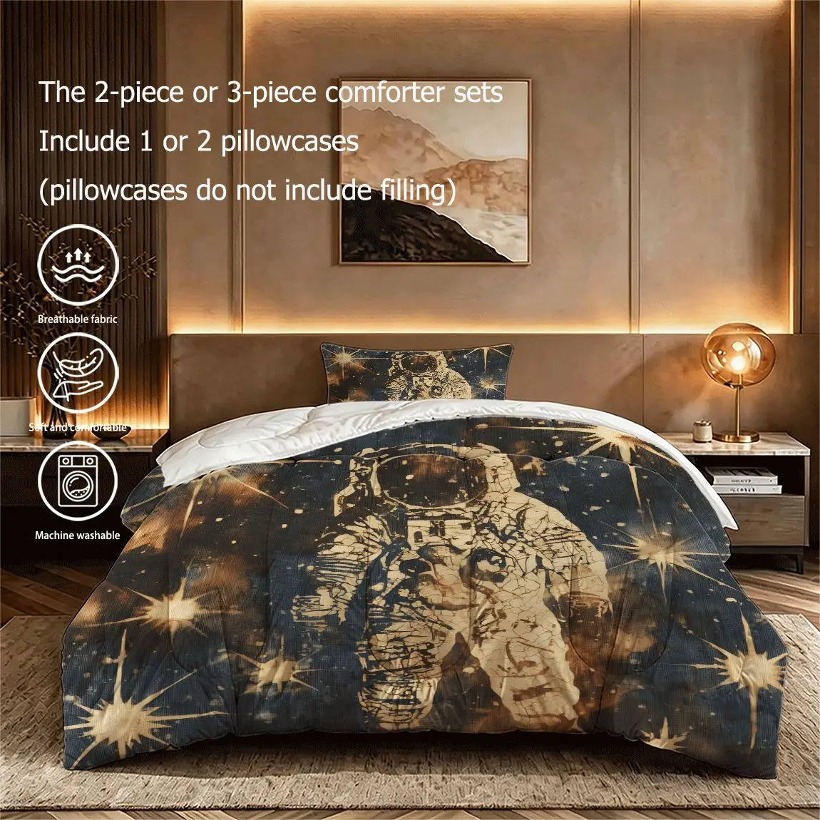 2/3pcs (1 comforter + 2 pillowcases) Astronaut Galaxy Space Bedding Comforter Set, Microfiber Soft Lightweight Breathable Fabric, Fade Resistant All-Season Use, Machine Washable Bedding Set for Bedroom Guest Room Dorm